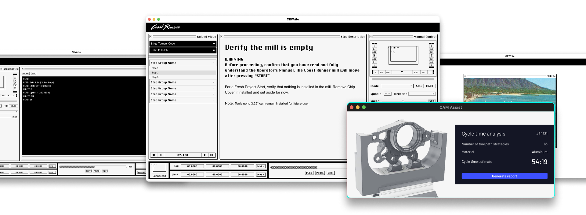 CRWrite CNC Software Interface showing multiple panels including Guided Model, Step Description, Manual Control, and CAM Assist with cycle time analysis